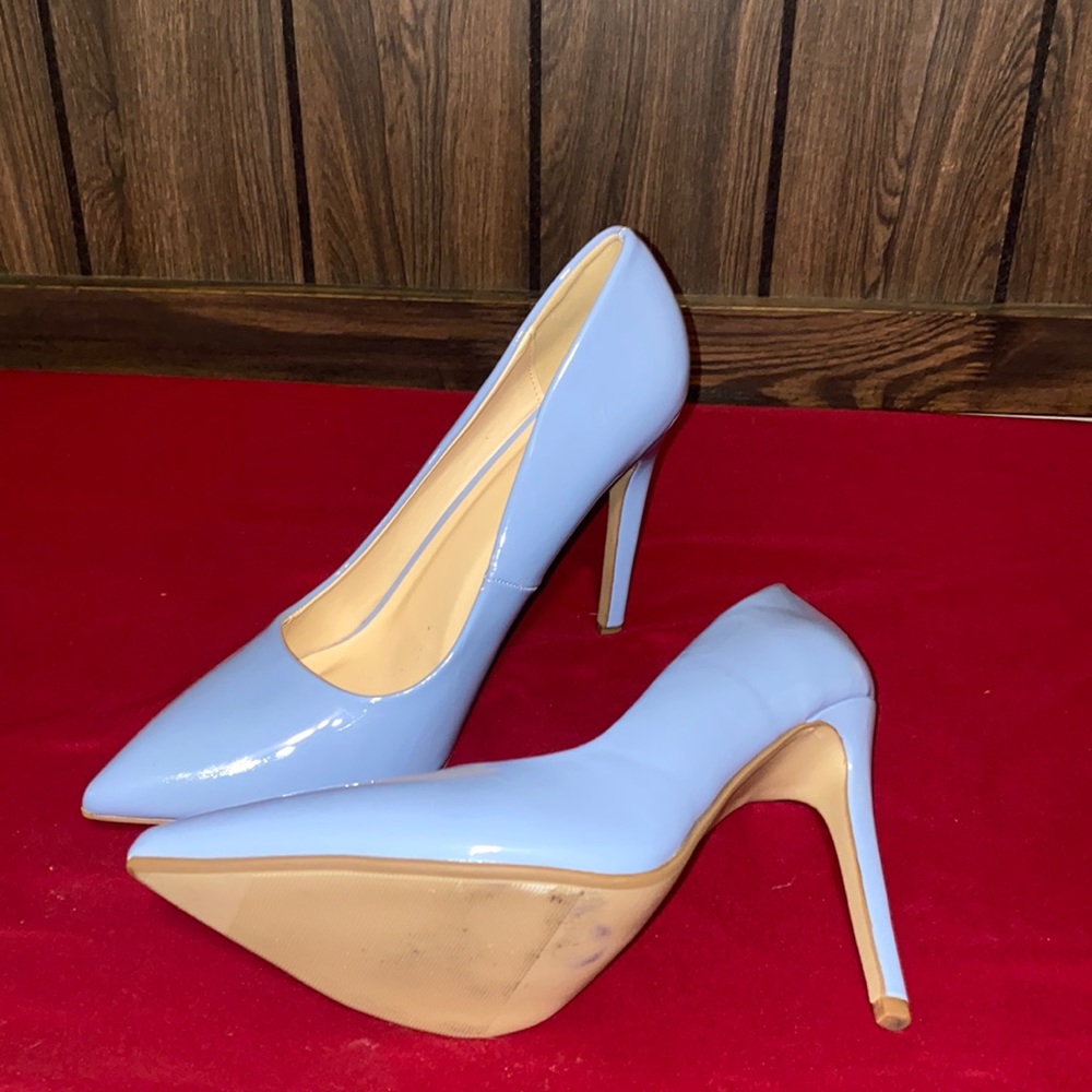 Patent Light Blue Pointed-Toe Stiletto Pumps